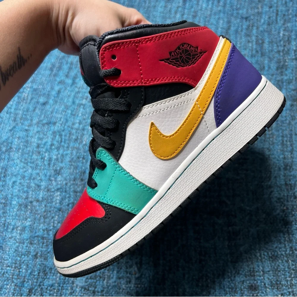 Nike Jordan 1 Mid Bred GS Sneakers Multicolor White University Red Black Green